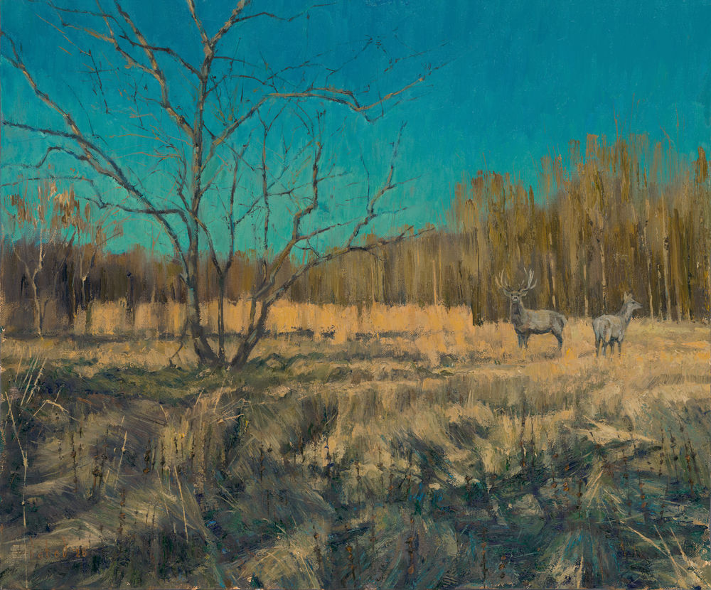 Deer In The Quiet Field, Oil on Canvas, 24 W x 20 H in, by Slava Batov